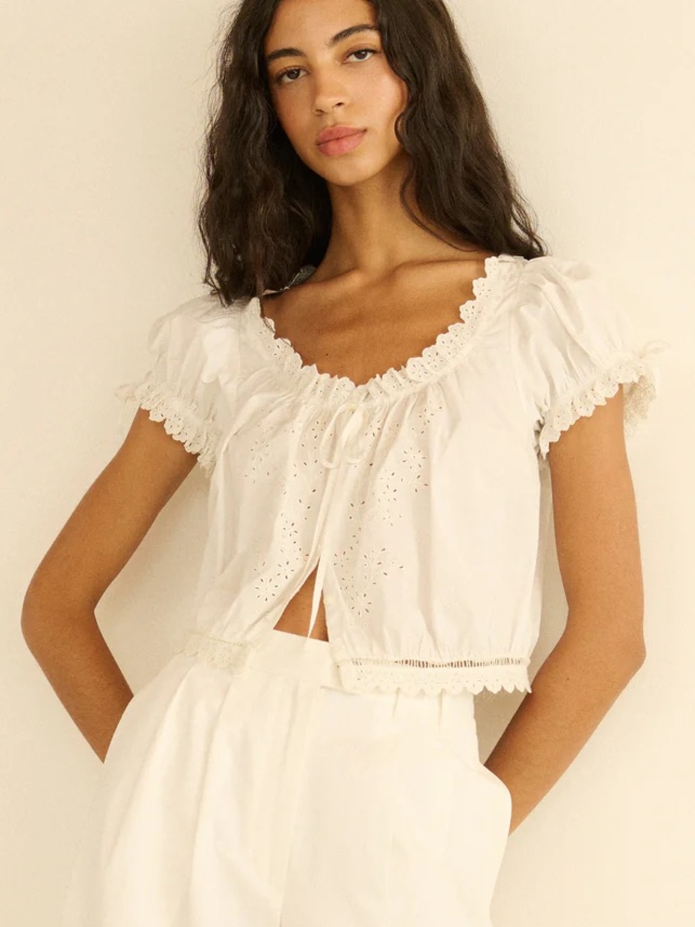 Doen Nera puff short sleeve eyelet embroidered top in salt white cotton poplin